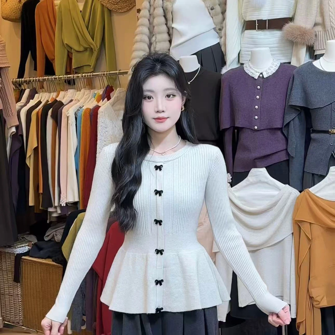 爆款法式荷叶边下摆新年穿搭针织开衫打底衫2025秋冬红色内搭毛衣