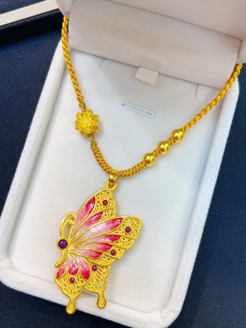足金999黄金蝴蝶吊坠编绳