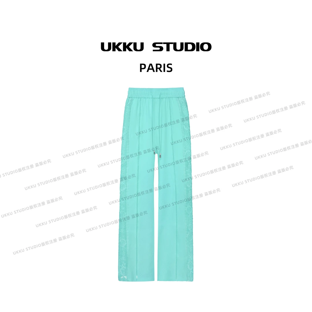 ZJ【UKKUSTUDIO】网红气质修身时尚玫红色显白蕾丝边长裤313808