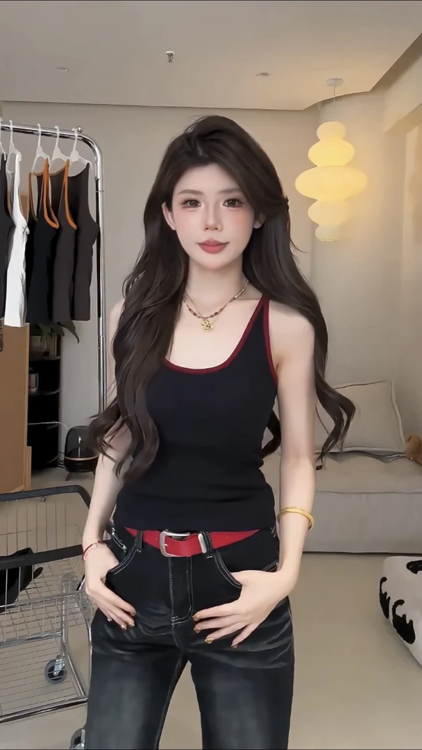 秋季新款女士时尚拼接撞色百搭工字型一体杯U领磨毛吊带背心