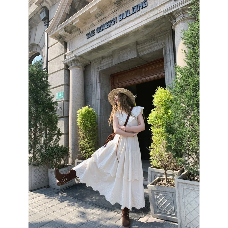 小君君布兰妮 月光少女 重工Vintage刺绣棉裙双层下摆复古连衣裙