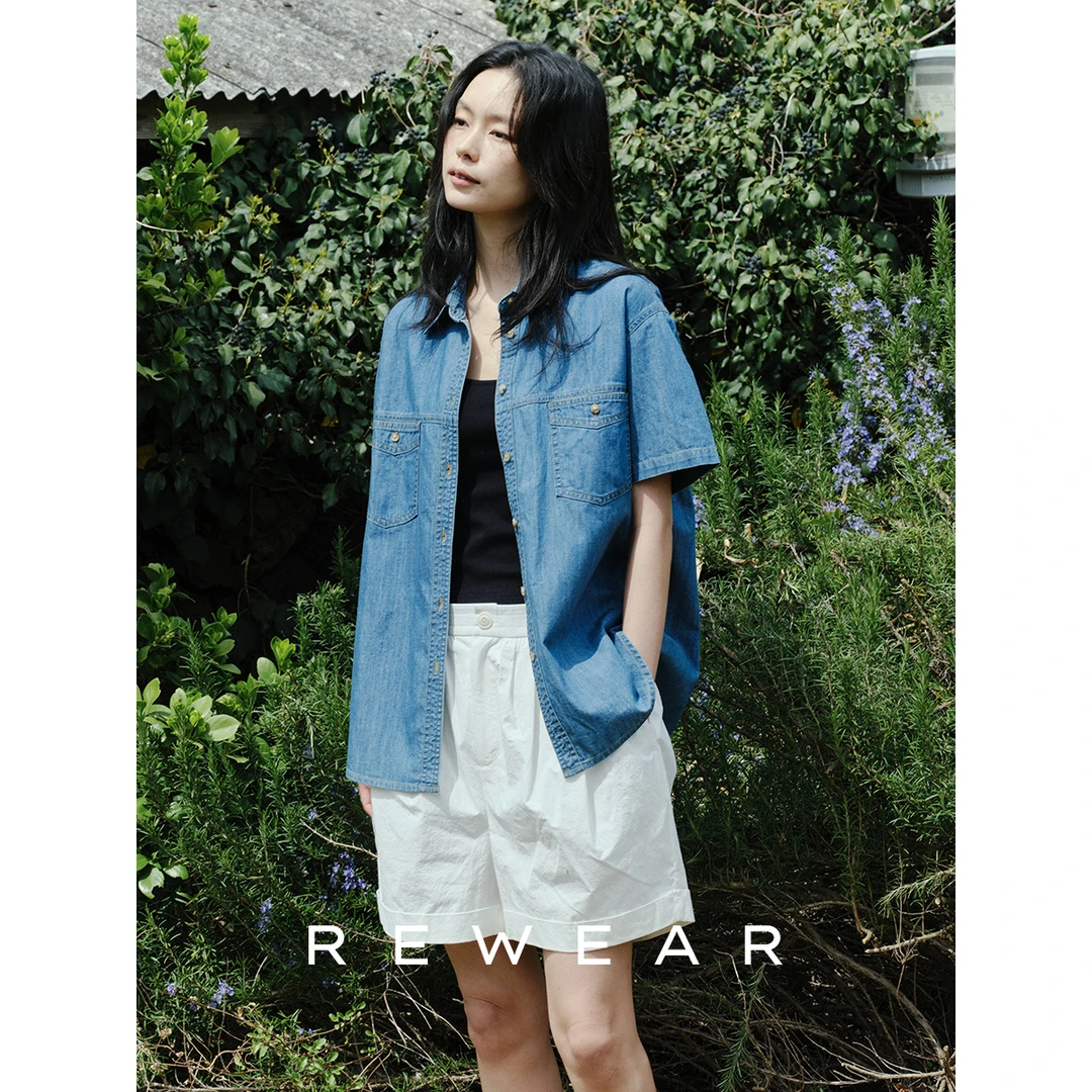 REWEAR/土耳其进口蓝牛 夏日盐系短袖温莎领设计牛仔衬衫14123