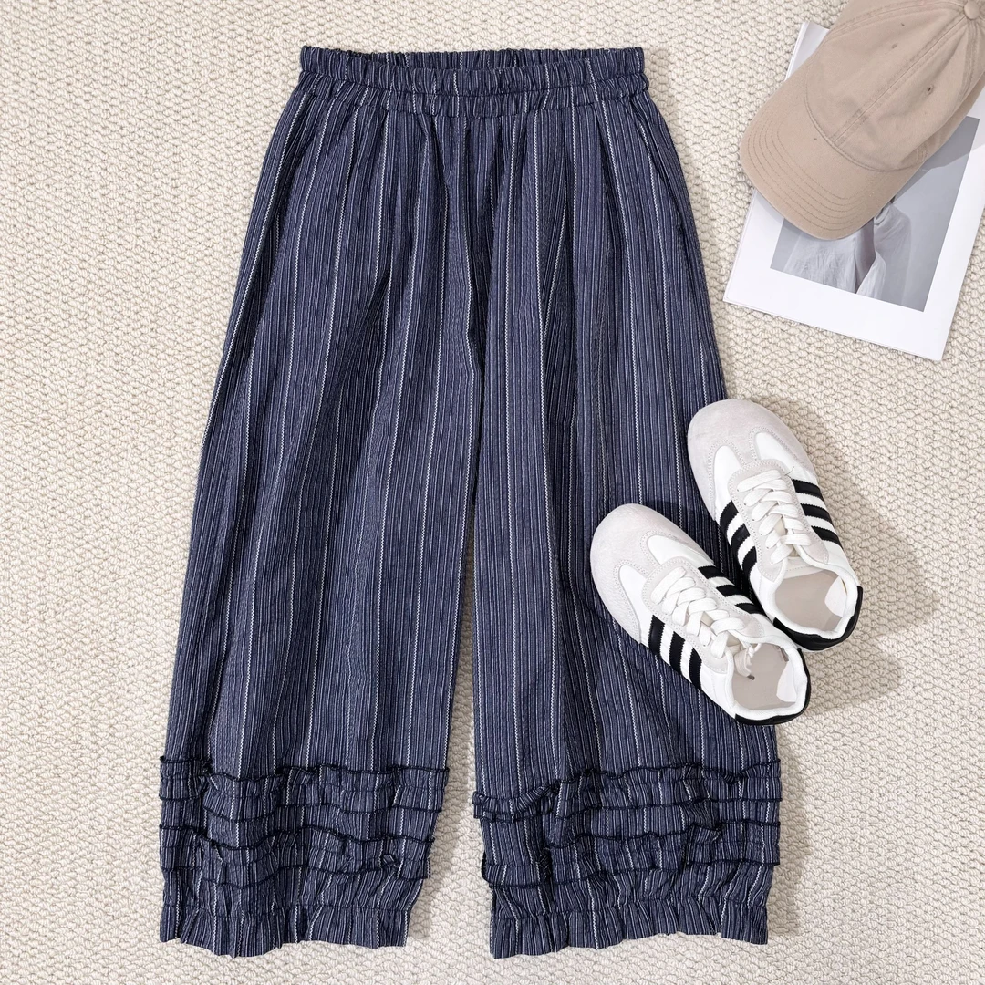 小韩日记【竖纹花边】八分休闲裤时尚休闲百搭宽松夏季韩版25113