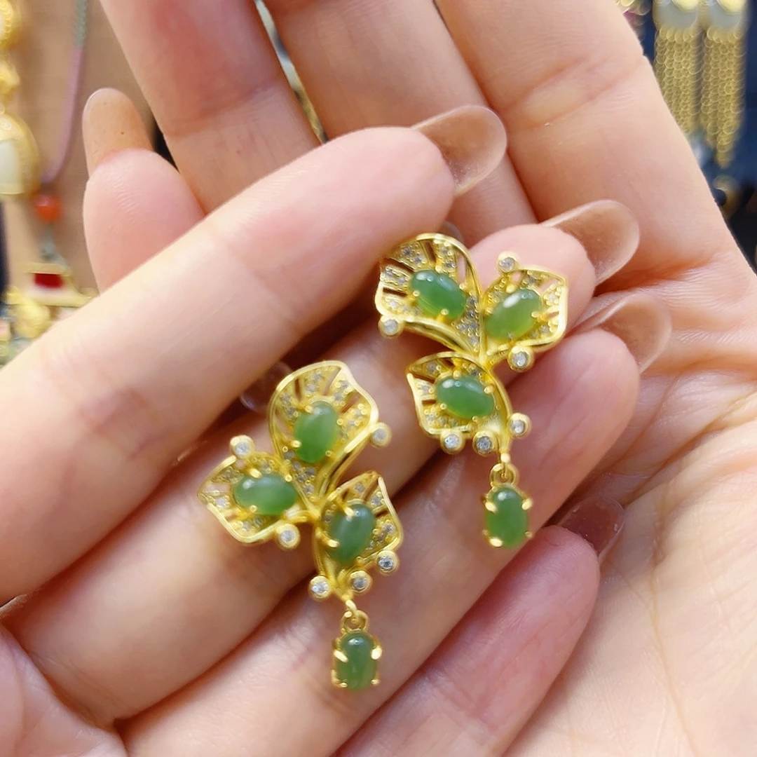 和田玉银S925镀金镶嵌耳饰