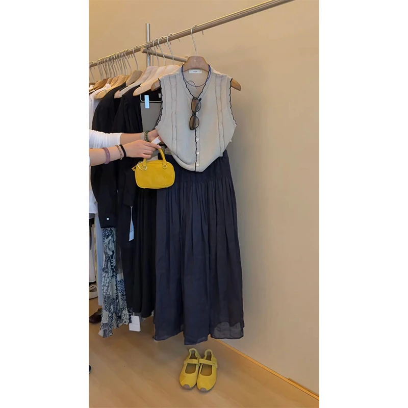 夏季新款文艺韩系时尚小众气质设计款无袖上衣马甲百搭休闲半身裙