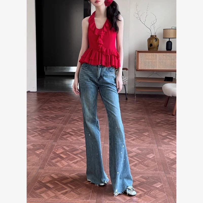 美式辣妹高腰显瘦微喇牛仔裤女修身水洗烫钻设计感显瘦拖地长裤子