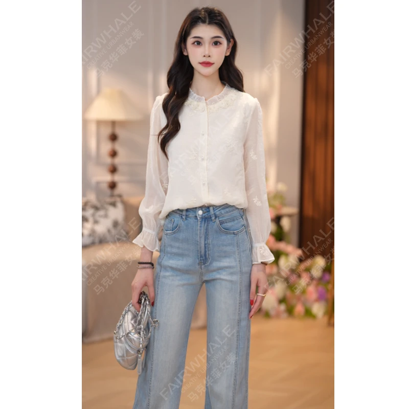 马克华菲女装2025秋季圆领刺绣蕾丝花边长袖气质上衣休闲小衫 N