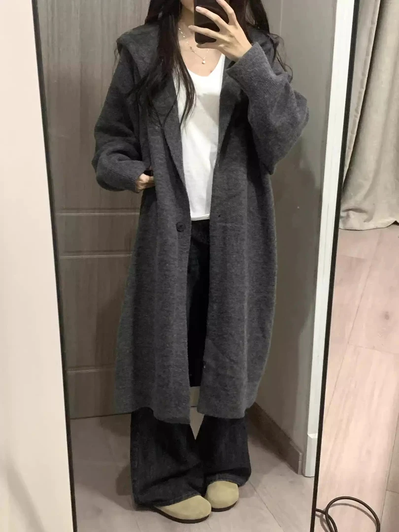 女毛针织衫韩系慵懒风连帽针织衫休闲中长款时尚女装毛衣网红外套