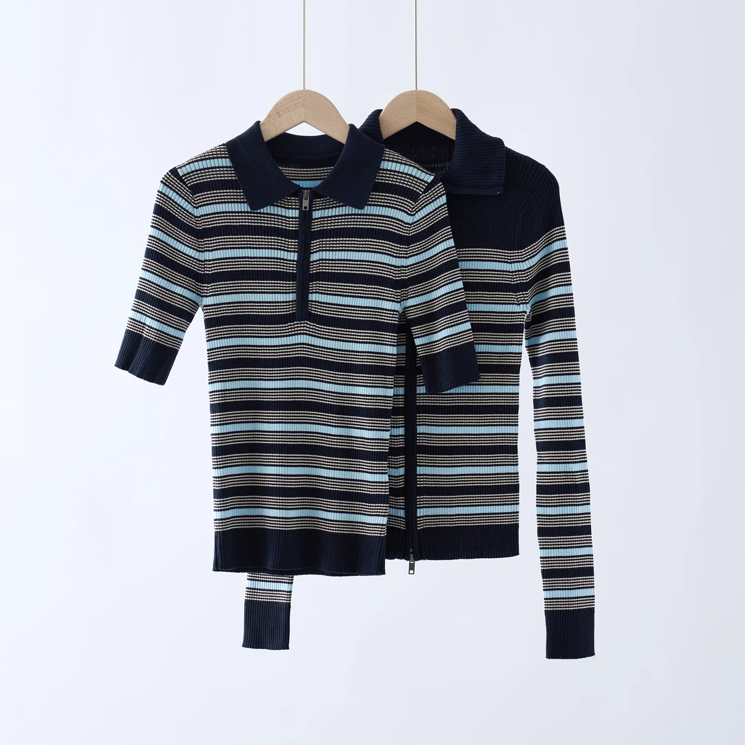 【YS11209】25春夏新款合股丝棉翻领条纹短袖拉链针织套衫