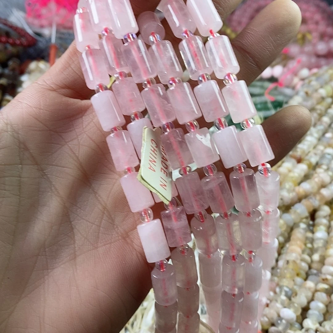 玛瑙/玉髓珠宝半成品合金一条天然8×12粉水晶直桶珠