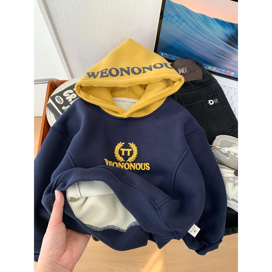 YeeHoO英氏【断码】男童加绒连帽卫衣2025秋冬装儿童时髦上衣中小童