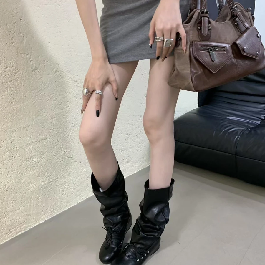 堆堆靴卡其圆头绑带一脚蹬慵懒风长靴复古棕色靴子短靴