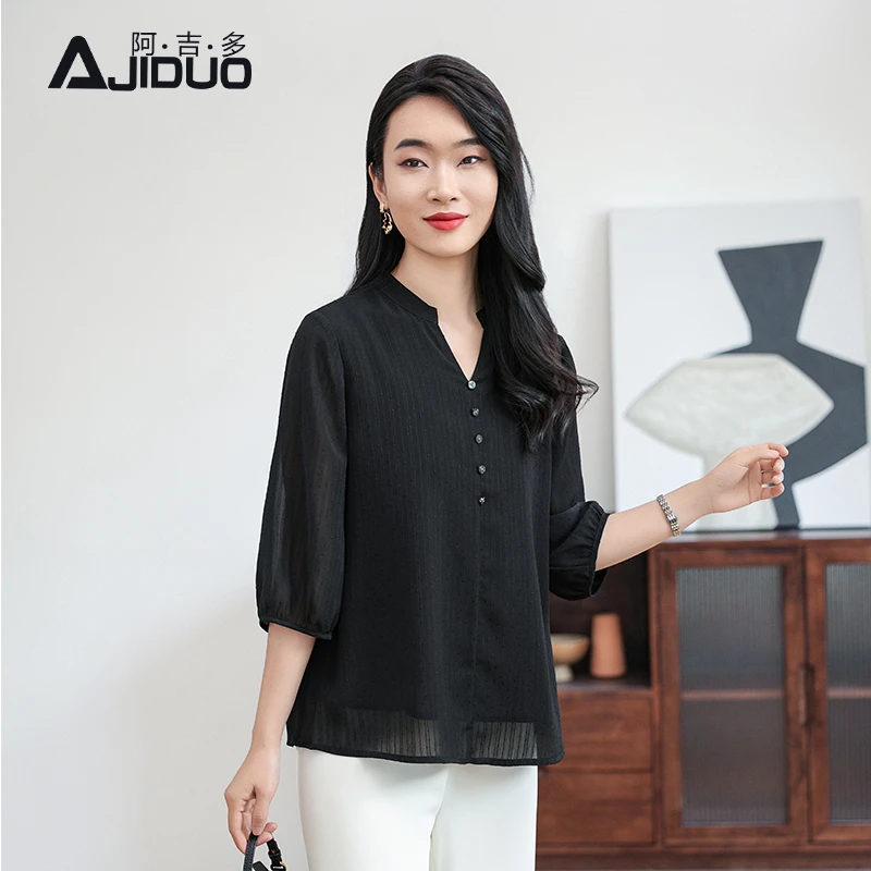 阿吉多黑色雪纺上衣女夏季新款捏褶大码宽松半袖简约高级气质小衫