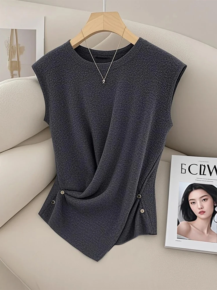 法式气质不规则交叉针织圆领飞飞袖T恤女夏季新款薄款洋气短上衣