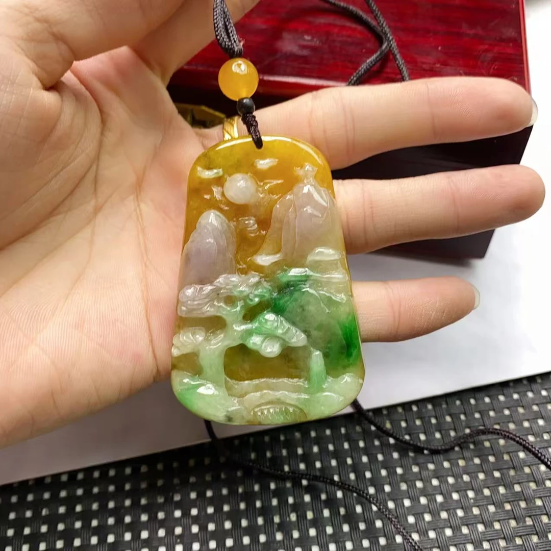 [小石]B1477黄加绿山水牌项链时尚多样性发一个-奇石