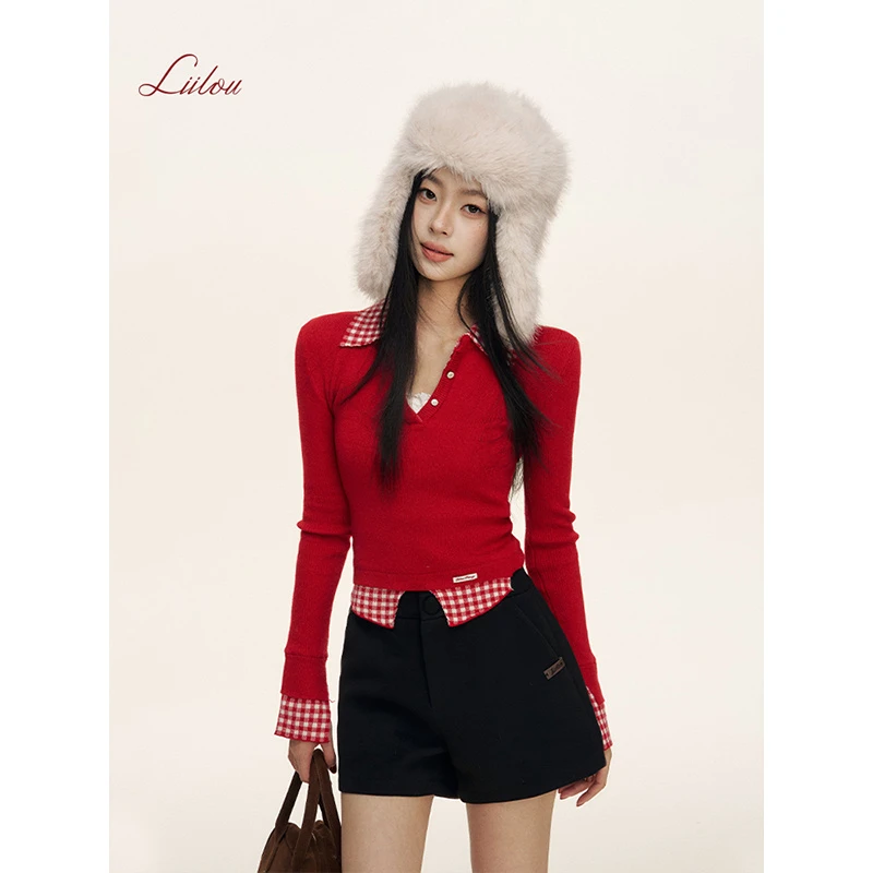 【梦一专属】Liilou 24aw 红色格子拼接假两件圣诞针织长袖