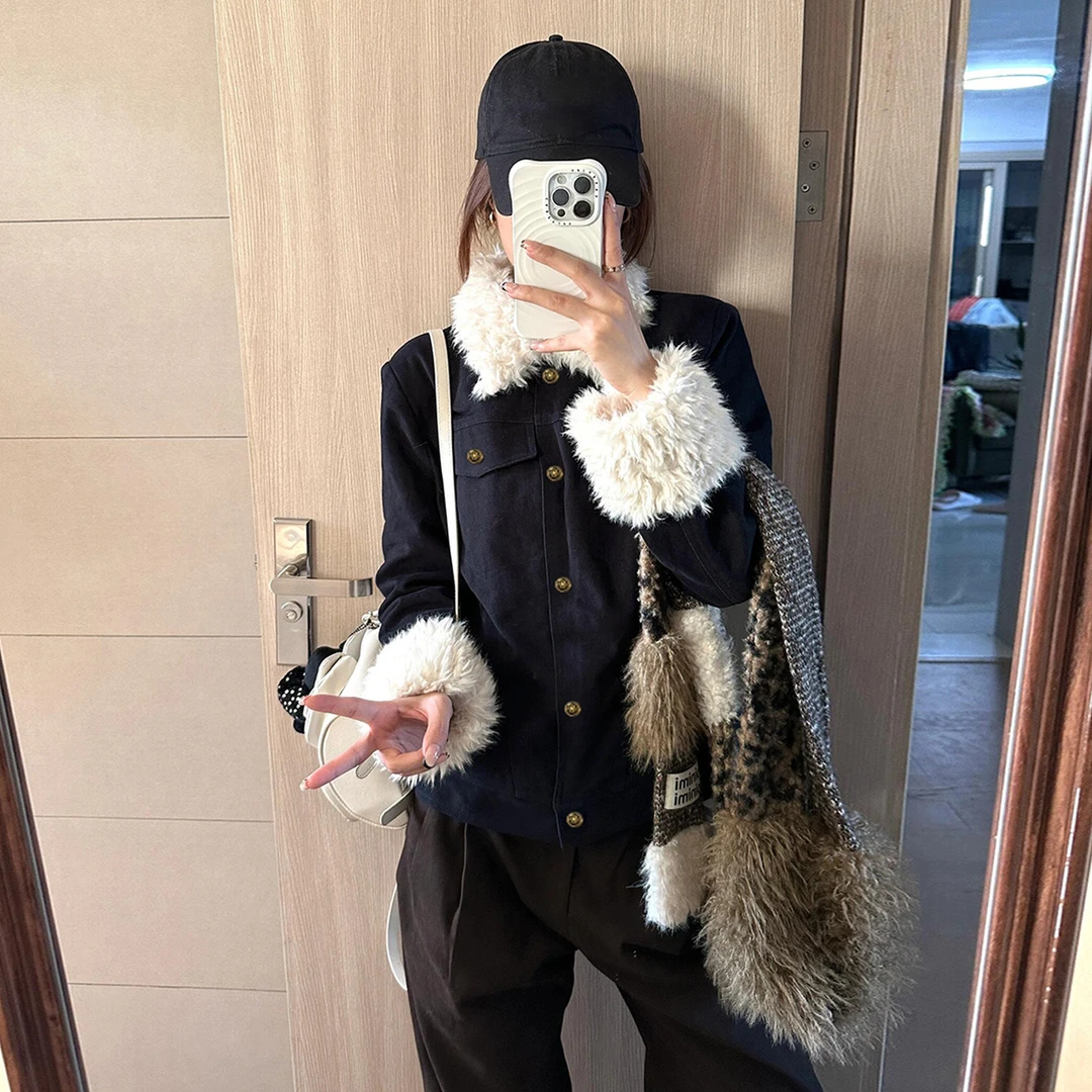 蓝色翻领独特超好看外套秋冬2025年新款爆款修身短款加厚夹棉上衣