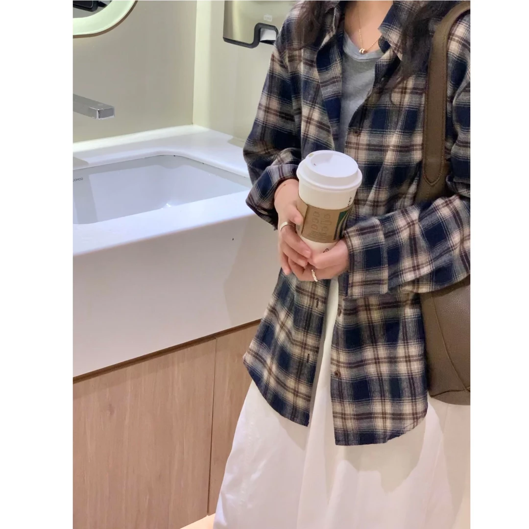 2025纯棉格子衬衫女秋季新款复古爆款格子衬衫百搭休闲衬衣外套