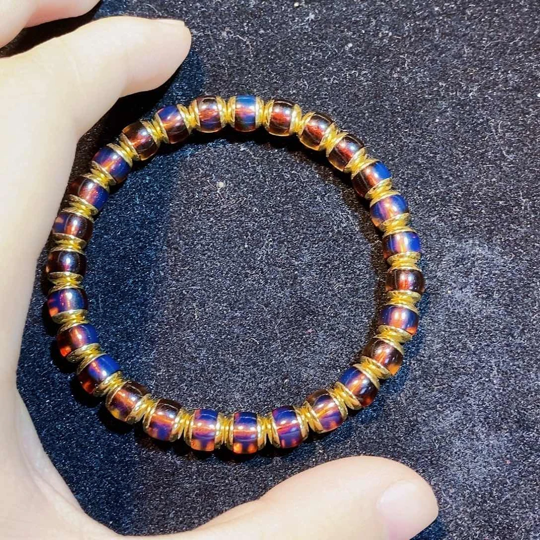 蓝珀银S925镀金镶嵌珠宝奇石7mm