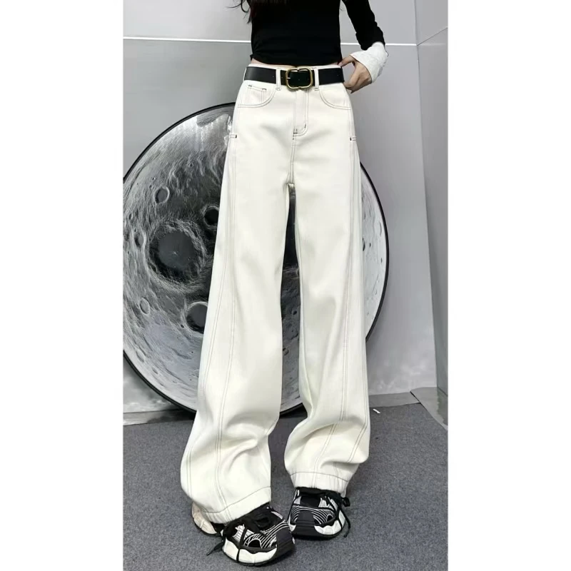 秋冬新款窄版阔腿牛仔裤女大码时尚帅气高腰宽松显瘦牛仔裤大码
