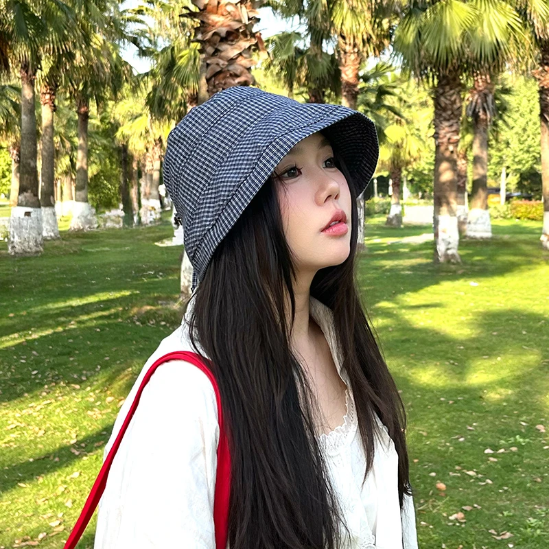 韩系复古显脸小格子渔夫帽女夏季出游大檐遮阳帽子新款防晒太阳帽