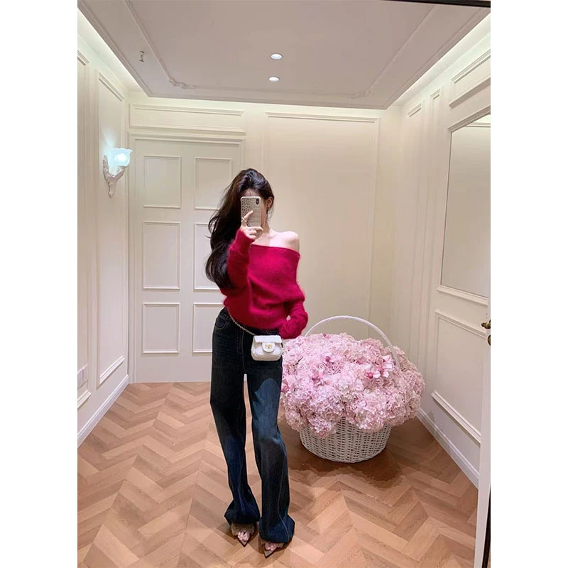 2025慵懒风套装休闲百搭洋气露肩长袖毛衣上衣高腰修身直筒裤长裤