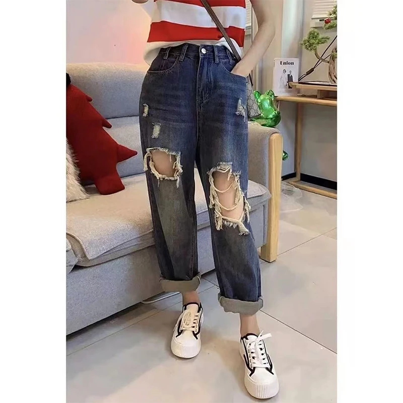 大码破洞牛仔裤女薄款胖妹妹mm宽松显瘦直筒2025夏新款高腰老爹裤