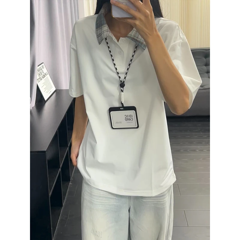 奶白色拼接格子正肩polo衫短袖男夏季设计感半袖情侣凉感翻领t恤