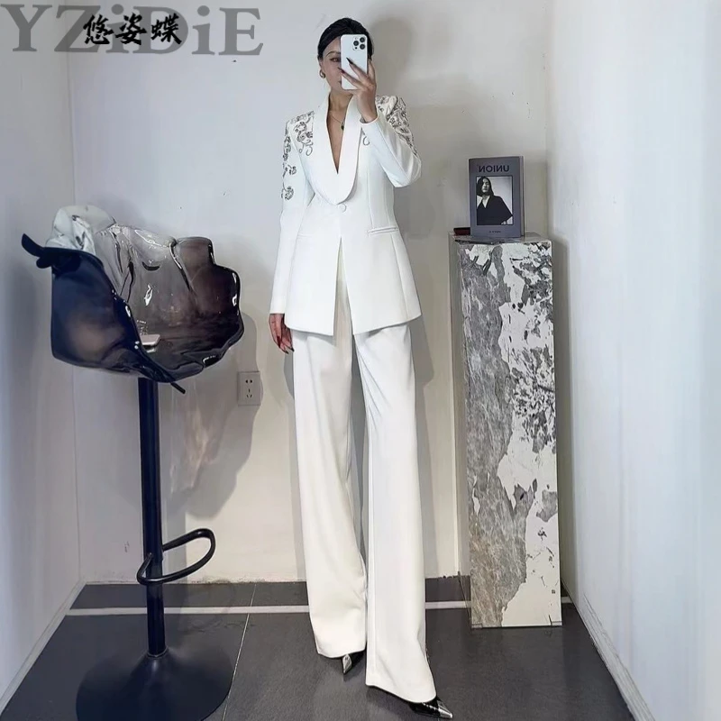 高端轻奢欧美风设计感简约大气重工钉珠青果领西装外套直桶裤套装