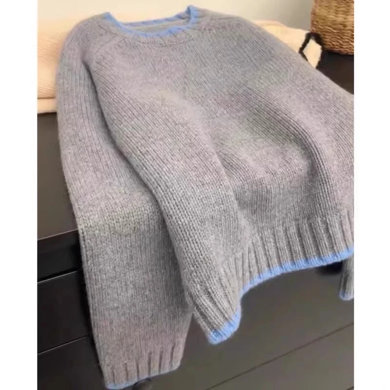 秋冬加厚澳洲美丽诺精致加厚圆领拼色毛衣宽松休闲慵懒打底衫上衣