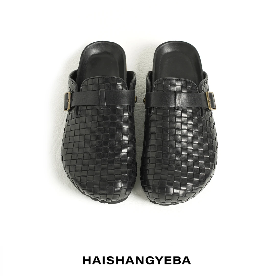 【海上叶爸】新款2025百搭牛皮时尚编制增高3cm包头拖鞋
