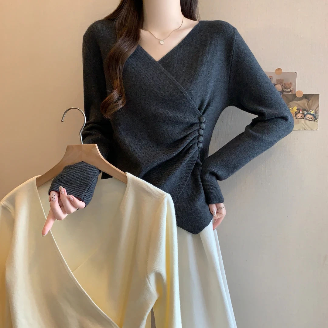 纯色不规则交叉V领长袖T恤上衣女秋冬胖MM收腰显瘦针织百搭打底衫