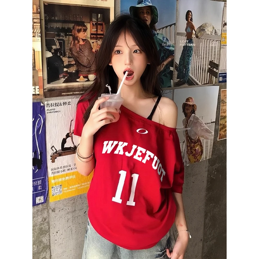 夏季新款爆款宽松斜肩短袖t恤女美式复古休闲显瘦辣妹风露肩上衣