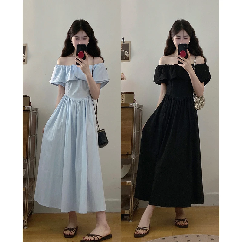 大码2025夏季新款时尚设计感甜美一字肩收腰显瘦连衣裙温柔风长裙