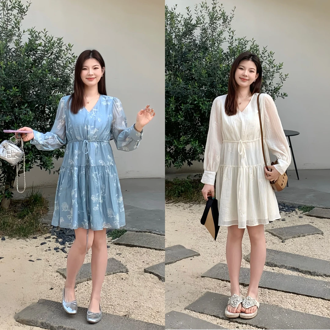 裂渡宣宣【春野漫】微胖大码女春气质系带长短款连衣裙 ZY503A78