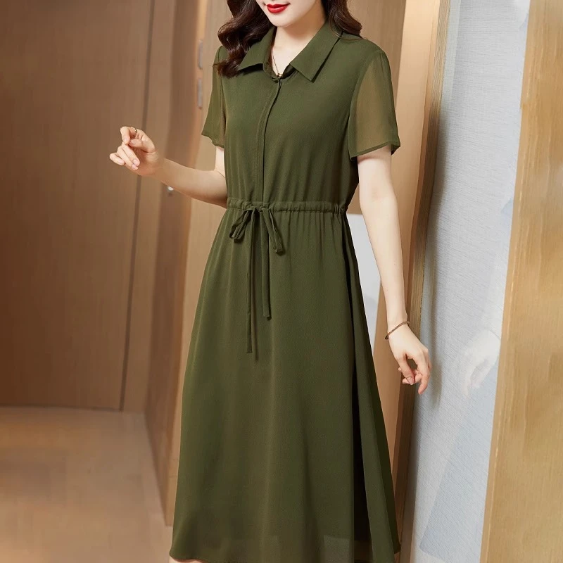 杭州桑蚕丝连衣裙女2025年夏季新款气质纯色高端中年妈妈连衣裙