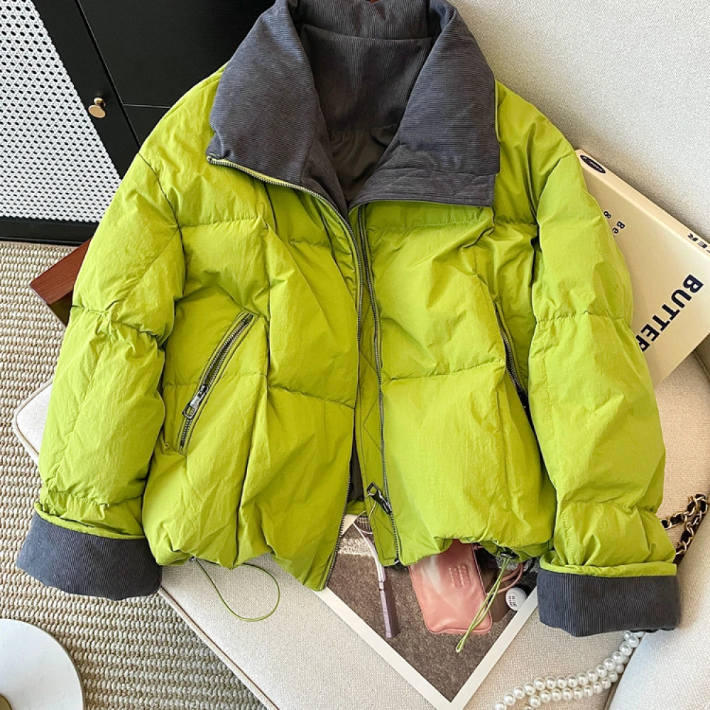 2025冬季时尚设计短款棉服女立领撞色面包服宽松保暖宽松外套潮流