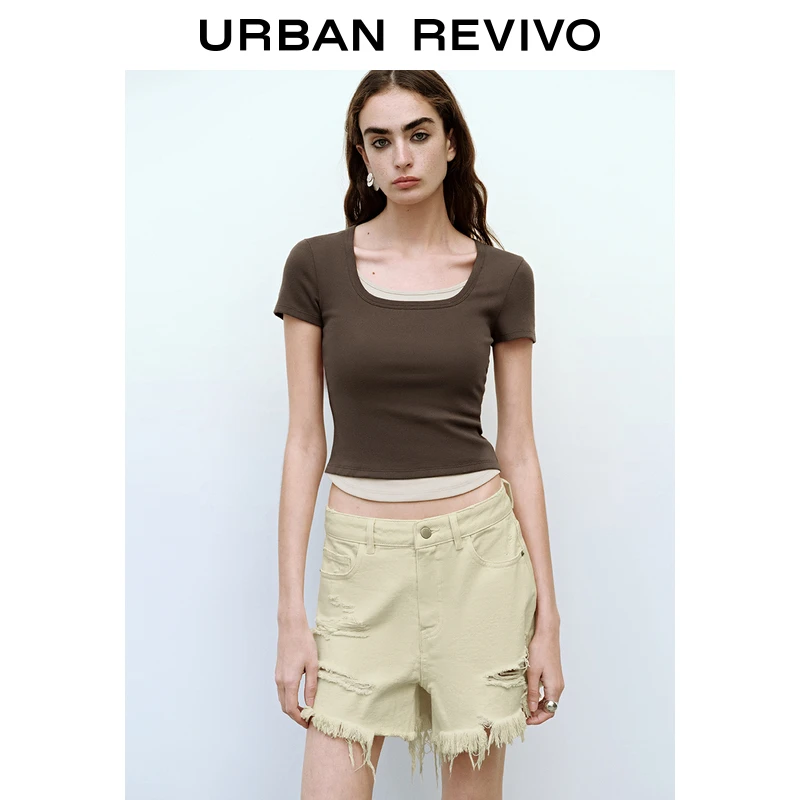 UR2025春季新款女装欧若风休闲撞色假两件修身短袖T恤UYY450061