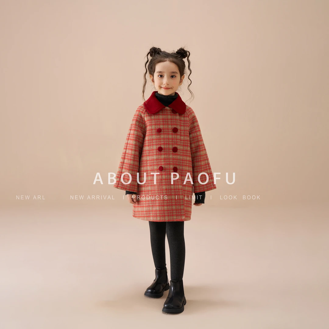 泡芙定制 2025冬款纯手工双面绵羊毛女童长款大衣 DY241202