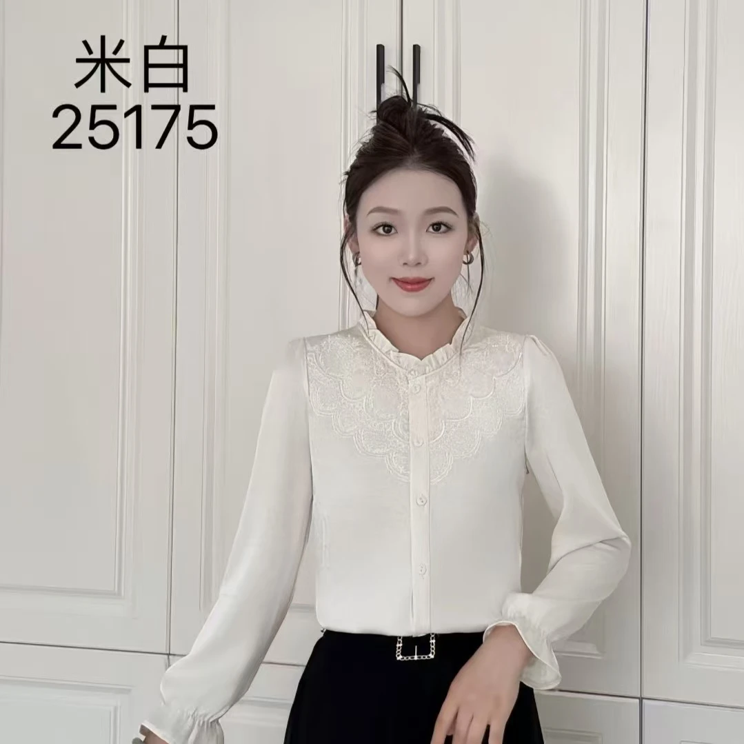 25175秋季刺绣花边套头木耳领秋季纯色衬衫打底拼接小衫衬衣女