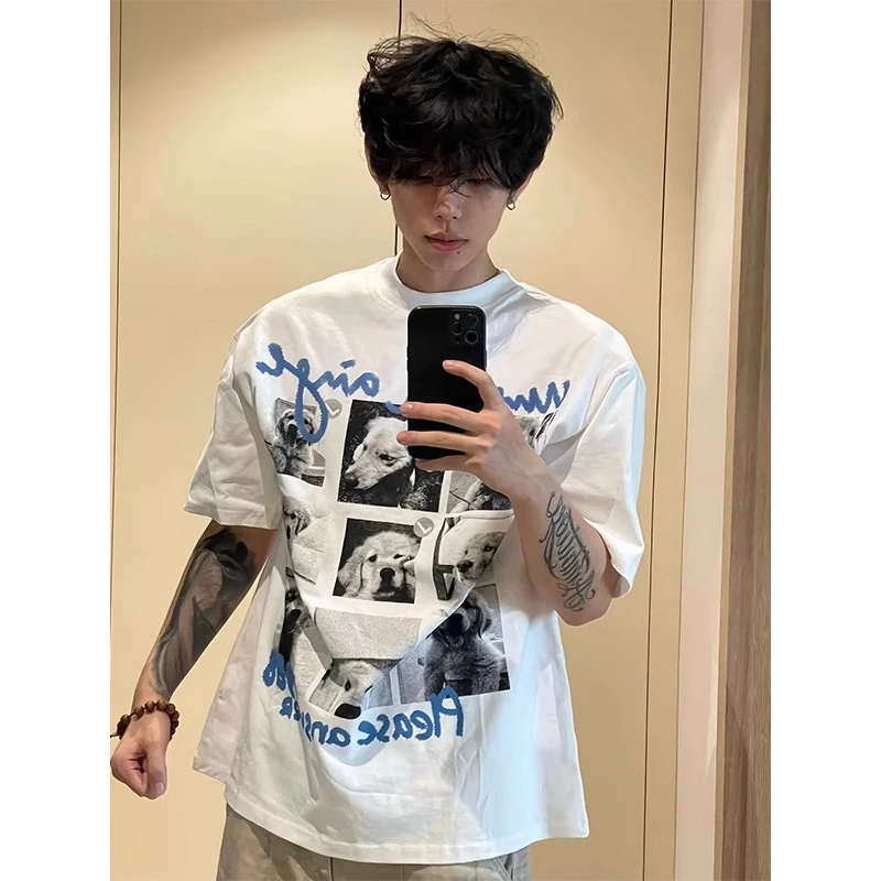 白色金毛小狗美式复古短袖男夏季cleanfit重磅情侣t恤小领口半袖