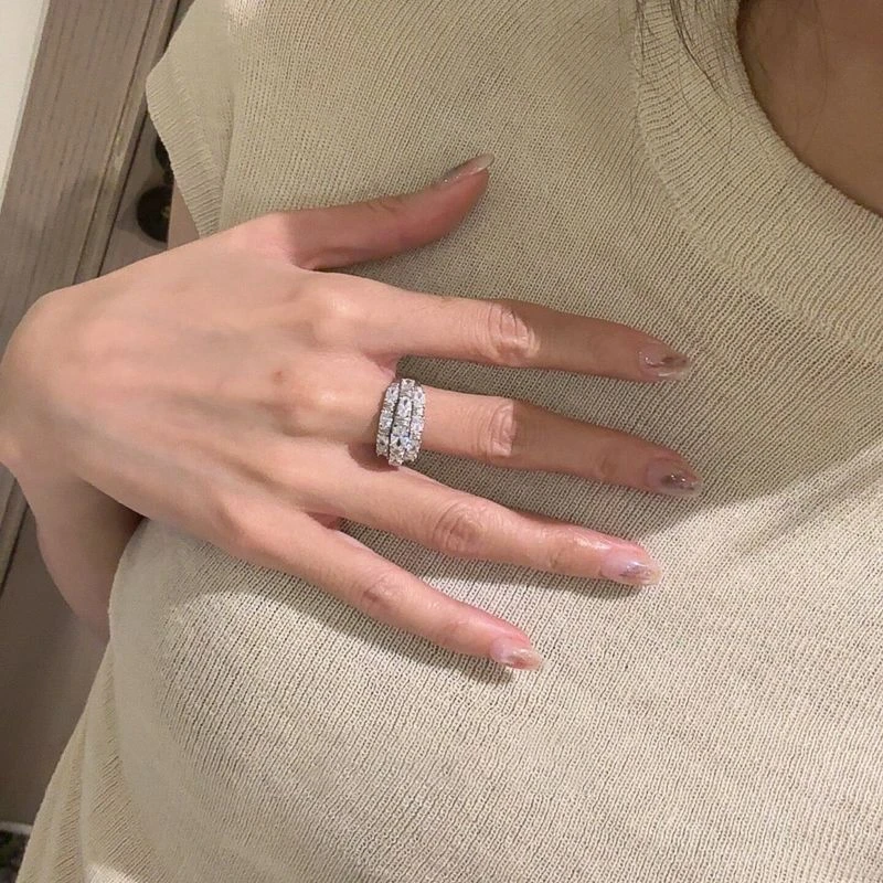 铜合金戒指 三层超闪戒指女轻奢高级感小众食指戒精致名媛指环