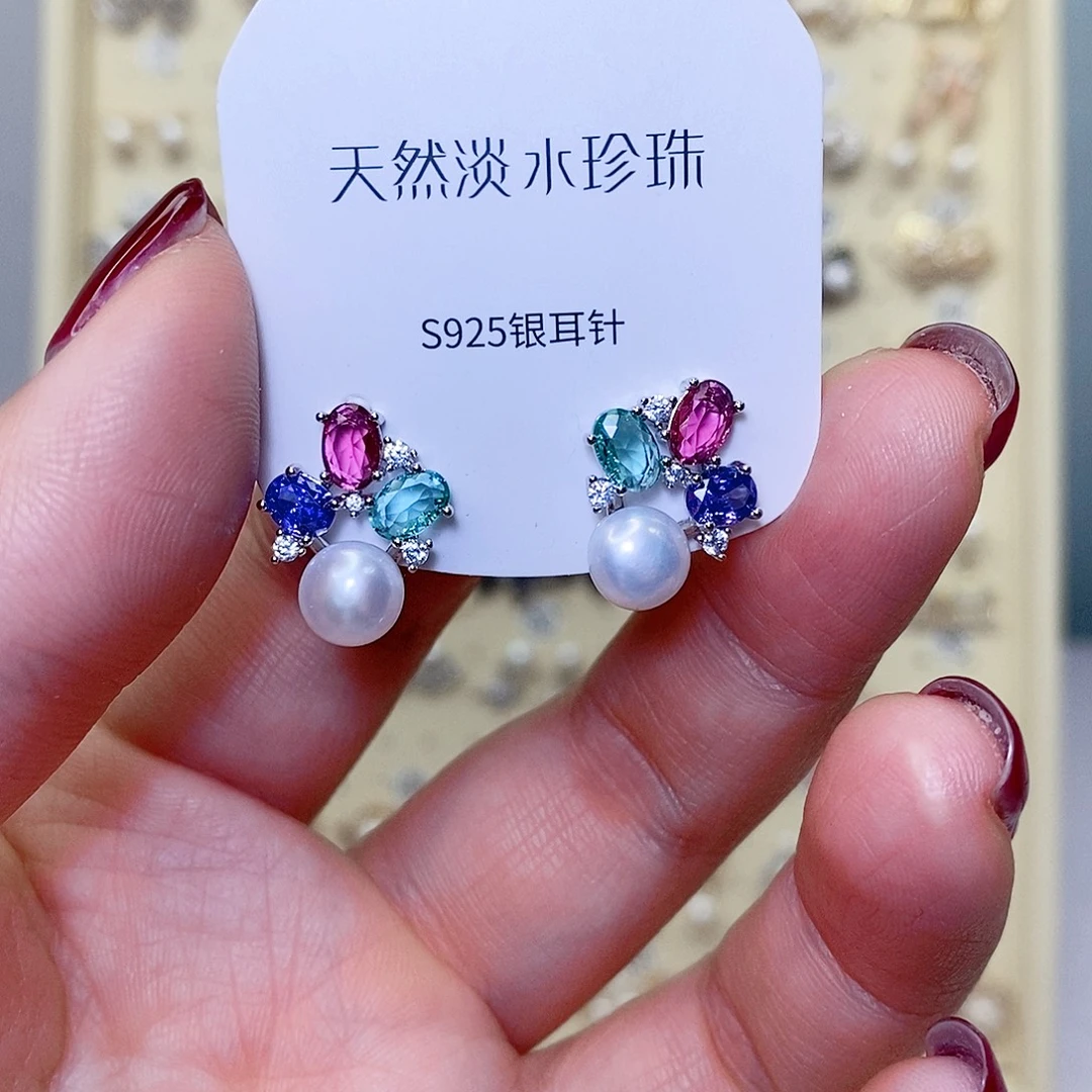 耳饰银S925镶嵌淡水珍珠
