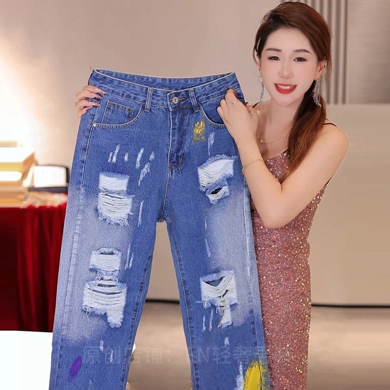 2025秋季新款美式高街男士牛仔裤时尚轻奢宽松直筒裤潮流破洞裤子