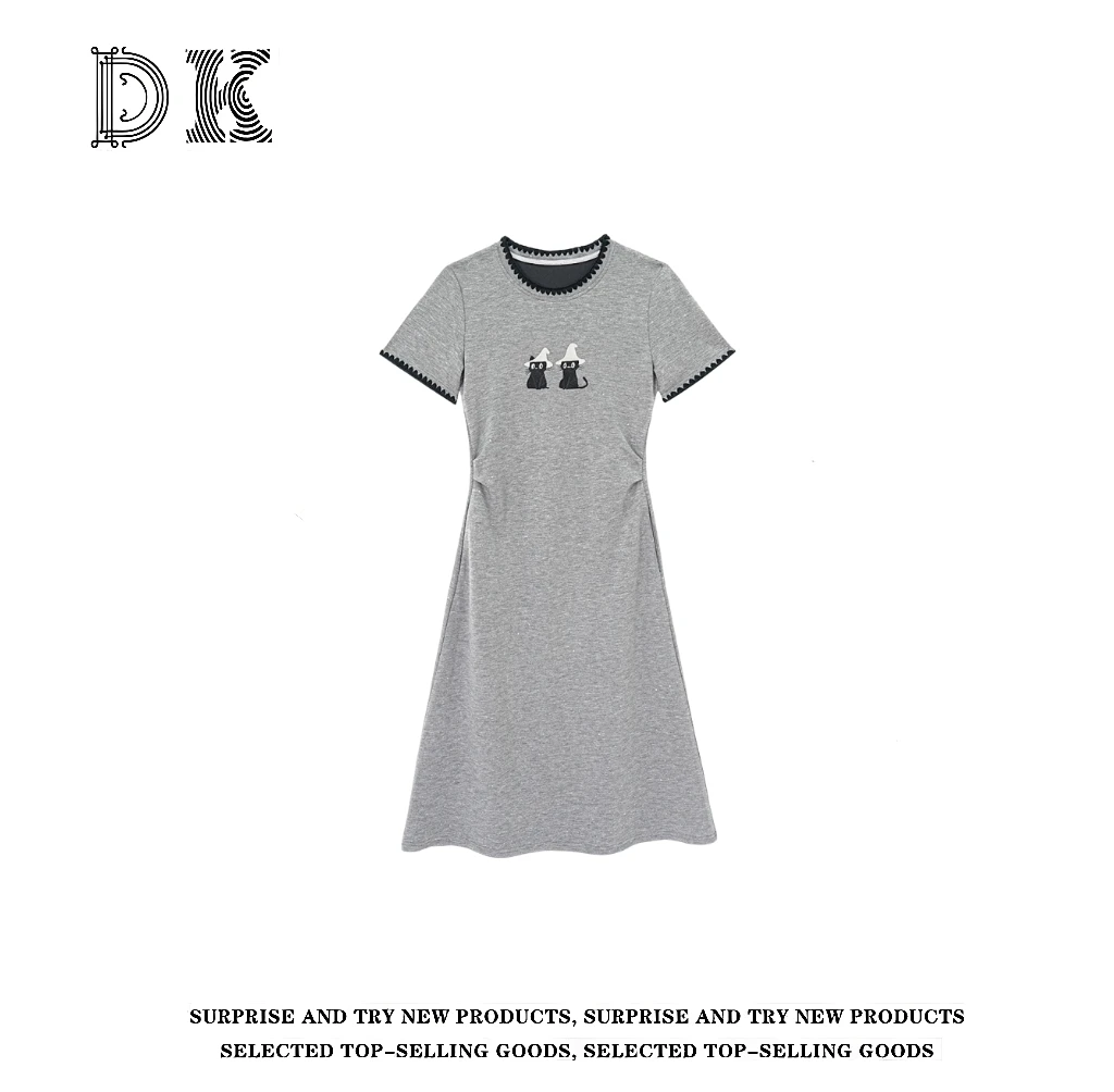 『冒头小猫』2025年夏季新款气质收腰显瘦圆领中长款连衣裙【DK】