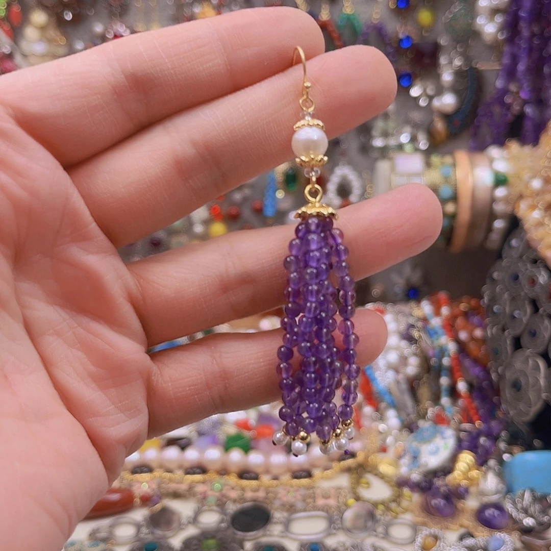 纯铜合金紫色流苏耳坠