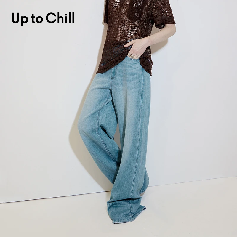 Up to Chill蓝色简约手工磨烂经典怀旧水洗直筒牛仔长裤CWWS1K210