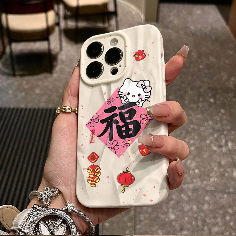 福新年凯蒂猫适用iphone16苹果15pro手机壳14plus褶皱13磨砂12/11
