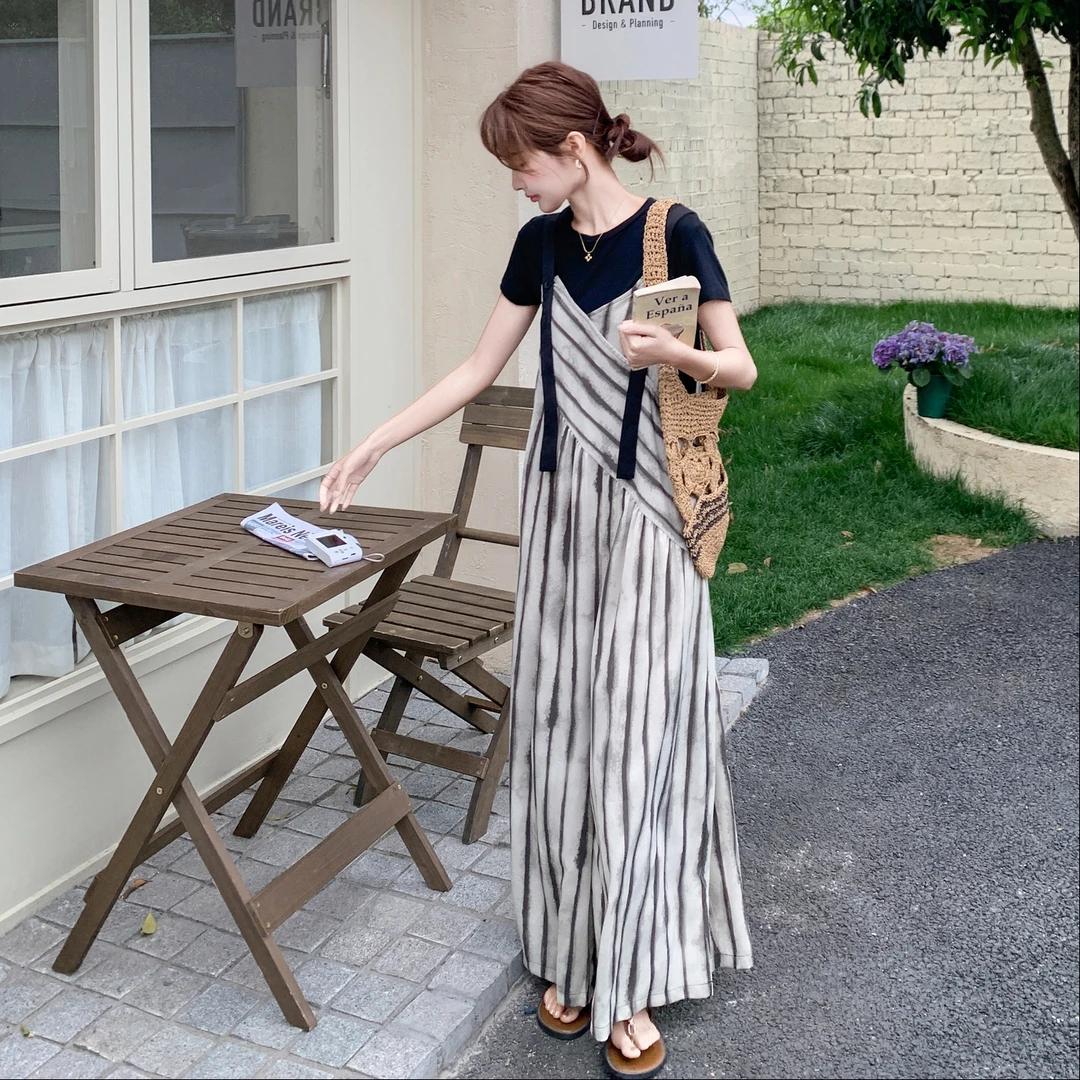 法式条纹设计感套装背带裤阔腿裤女2025夏季新款宽松吊带连体裤裙