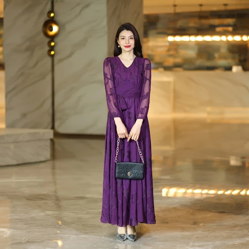 夏季时尚紫色蝉翼纱长袖连衣裙收腰显瘦优雅气质过膝长款大摆裙95
